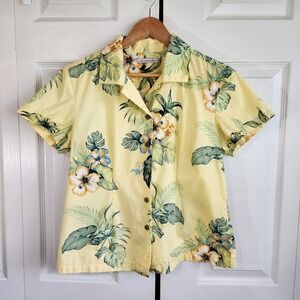 Jamaica Jaxx Womens Butter Yellow Floral Shirt Size SM Hawaiian Tropical Button